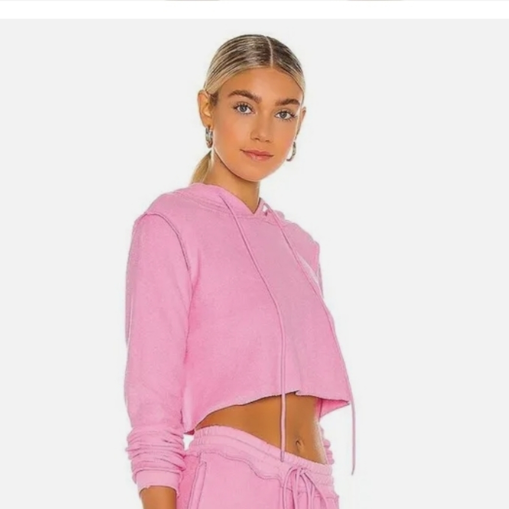 Danielle Guizio Inside Out Cropped Pink Drawstring Hoodie Size M
